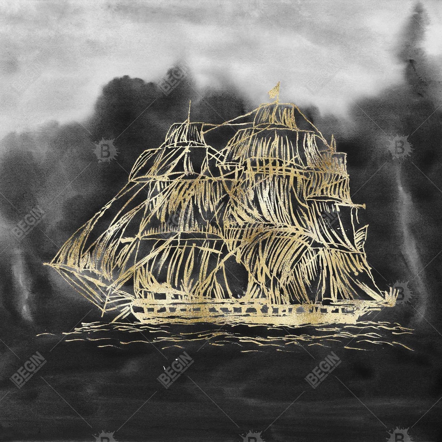 Old Sailing Ship Canvas | Boat Black Bathroom Decor