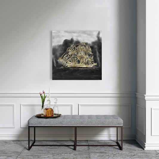 Old Sailing Ship Canvas | Boat Black Bathroom Decor