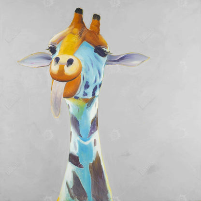 Toile encadrée bleue représentant une girafe amusante – Décoration d'intérieur à thème animalier africain