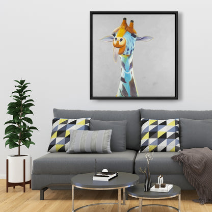 Toile encadrée bleue représentant une girafe amusante – Décoration d'intérieur à thème animalier africain