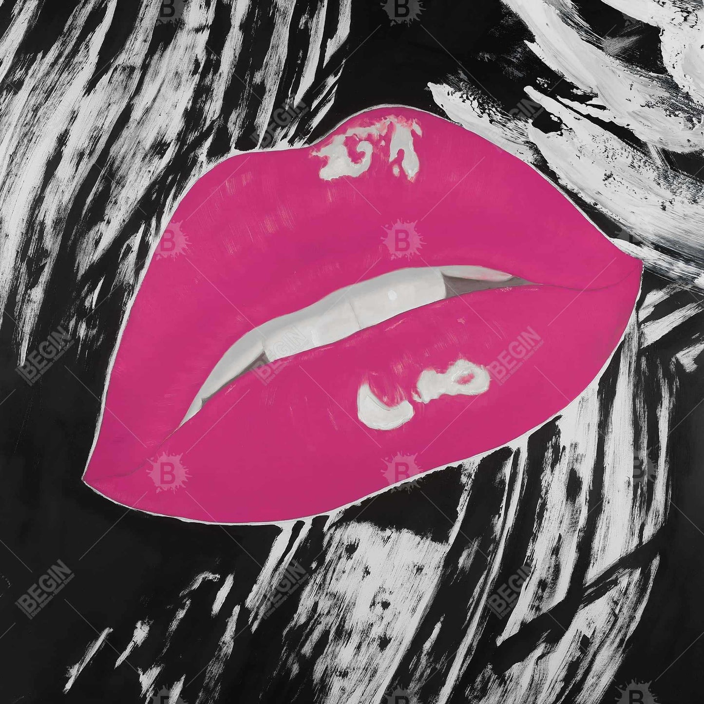 Toile encadrée « Lèvres roses brillantes à embrasser » - Décoration figurative noire