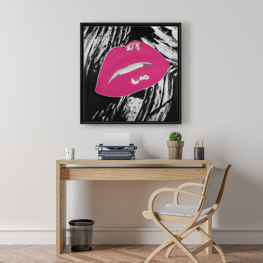 Toile encadrée « Lèvres roses brillantes à embrasser » - Décoration figurative noire