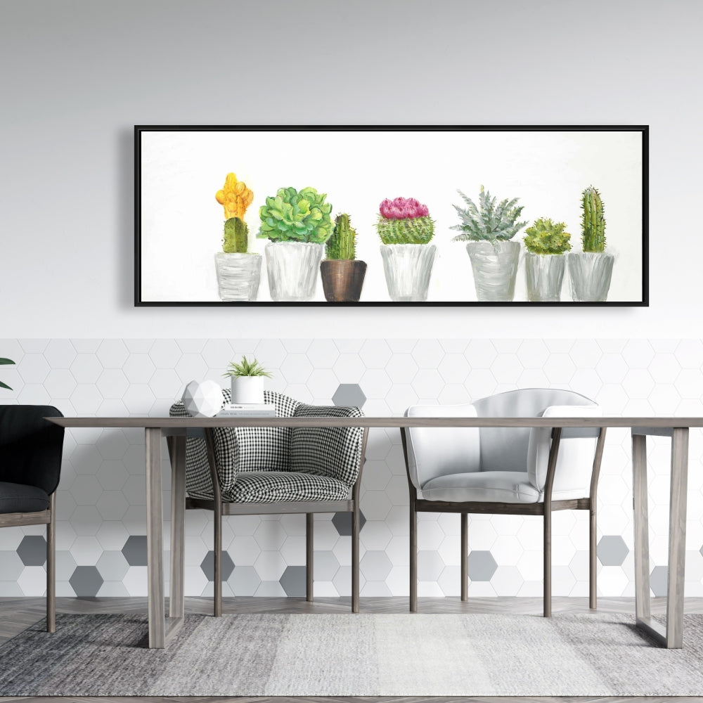 Toile botanique florale blanche exotique - Mini cactus et plantes succulentes