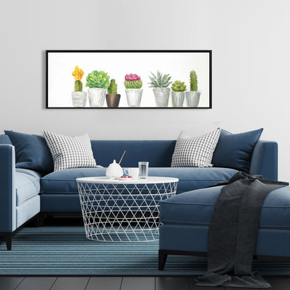 Toile botanique florale blanche exotique - Mini cactus et plantes succulentes