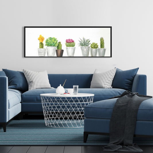 Toile botanique florale blanche exotique - Mini cactus et plantes succulentes