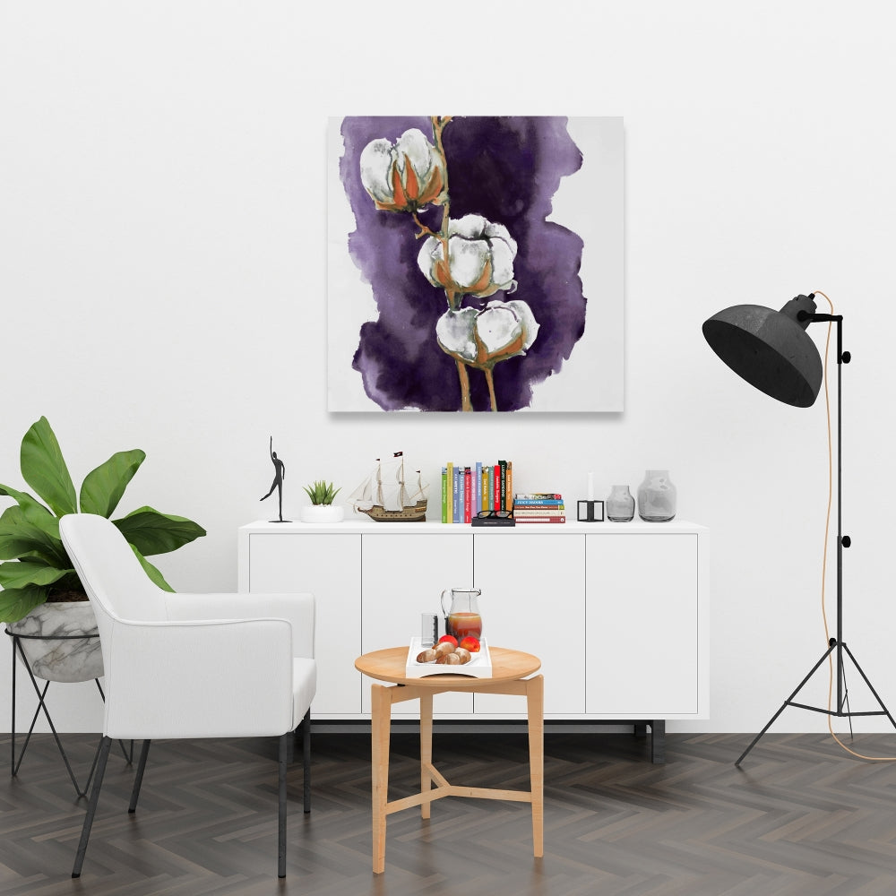 Watercolor Purple Cotton Flowers Canvas - Floral Bedroom Decor