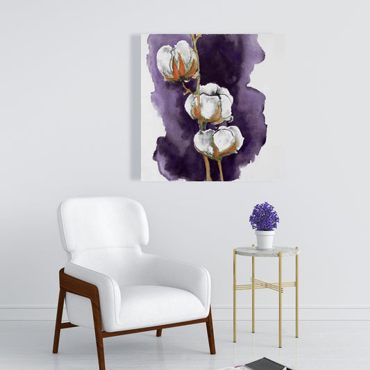 Watercolor Purple Cotton Flowers Canvas - Floral Bedroom Decor