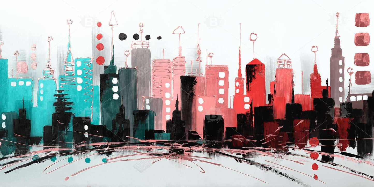 Pink Shapes Cityscape Canvas | Rose Gold Bedroom Wall Art