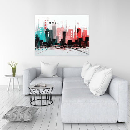 Pink Shapes Cityscape Canvas | Rose Gold Bedroom Wall Art