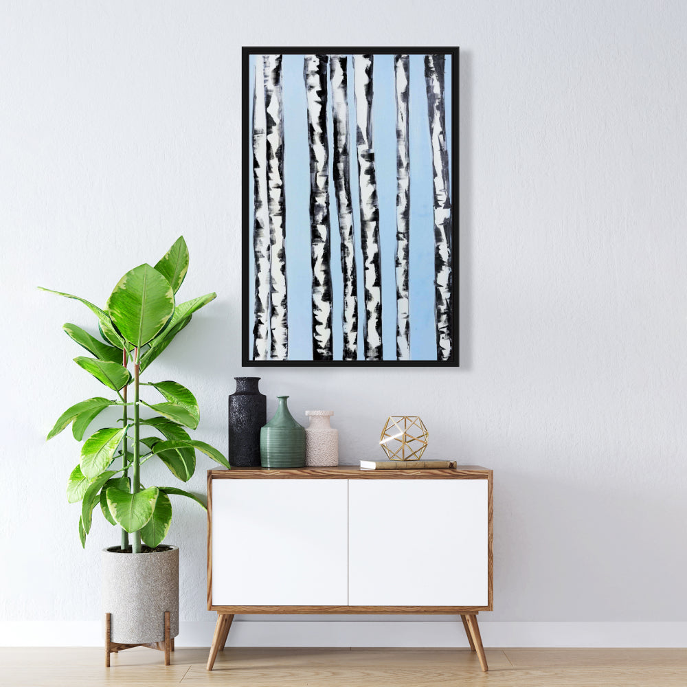 Birches on Blue Background | Framed Canvas | Home Decor