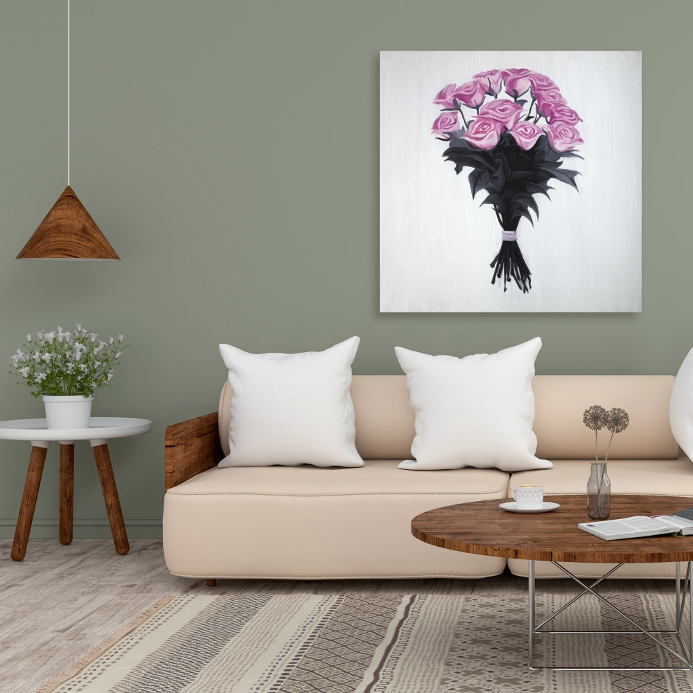 Bouquet of Roses Canvas - Black Leaves Bedroom Wall Art Decor