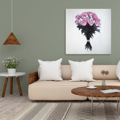 Bouquet of Roses Canvas - Black Leaves Bedroom Wall Art Decor