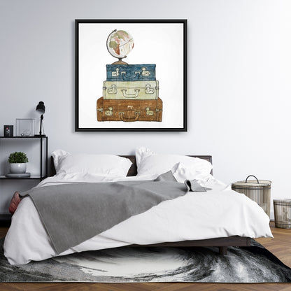 Tour du monde - Toile encadrée bleue pour décoration intérieure