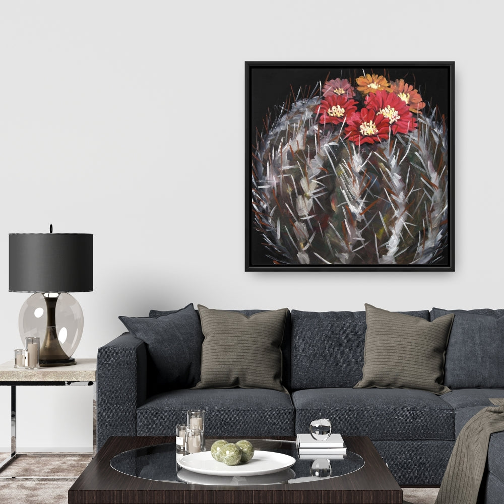 Cactus Mammillaria en fleurs | Toile encadrée florale