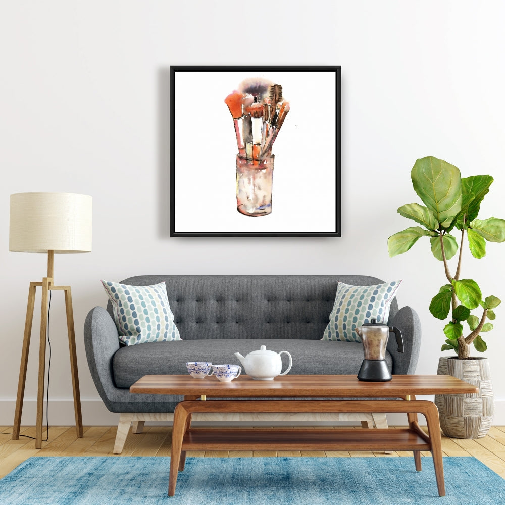 Ensemble de pinceaux de maquillage sur toile encadrée marron | Décoration d'intérieur
