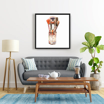 Ensemble de pinceaux de maquillage sur toile encadrée marron | Décoration d'intérieur