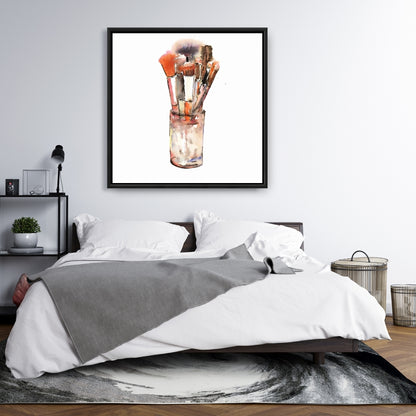 Ensemble de pinceaux de maquillage sur toile encadrée marron | Décoration d'intérieur