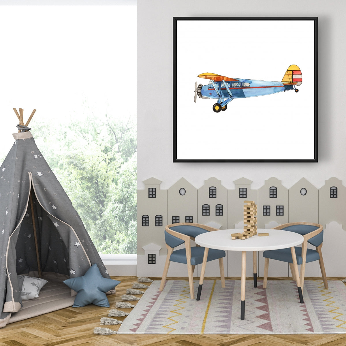 Toile encadrée Petit avion bleu | Décoration de chambre aviation