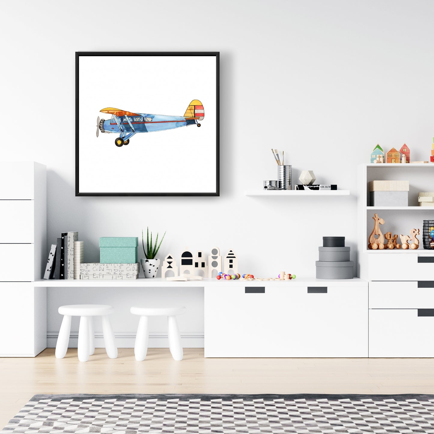 Toile encadrée Petit avion bleu | Décoration de chambre aviation