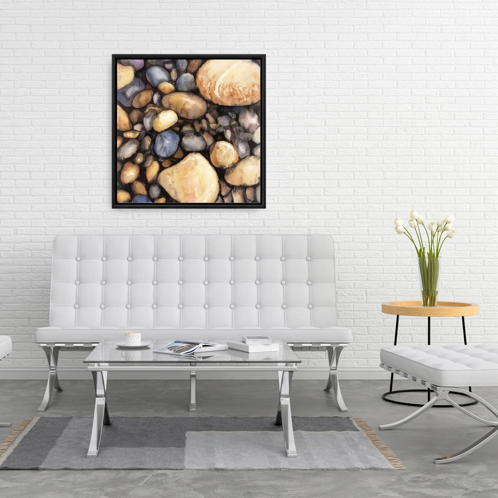 Marine Bathroom Decor | Blue Framed Canvas Small Pebbles