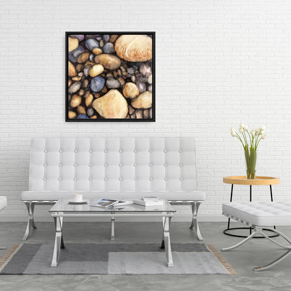 Marine Bathroom Decor | Blue Framed Canvas Small Pebbles