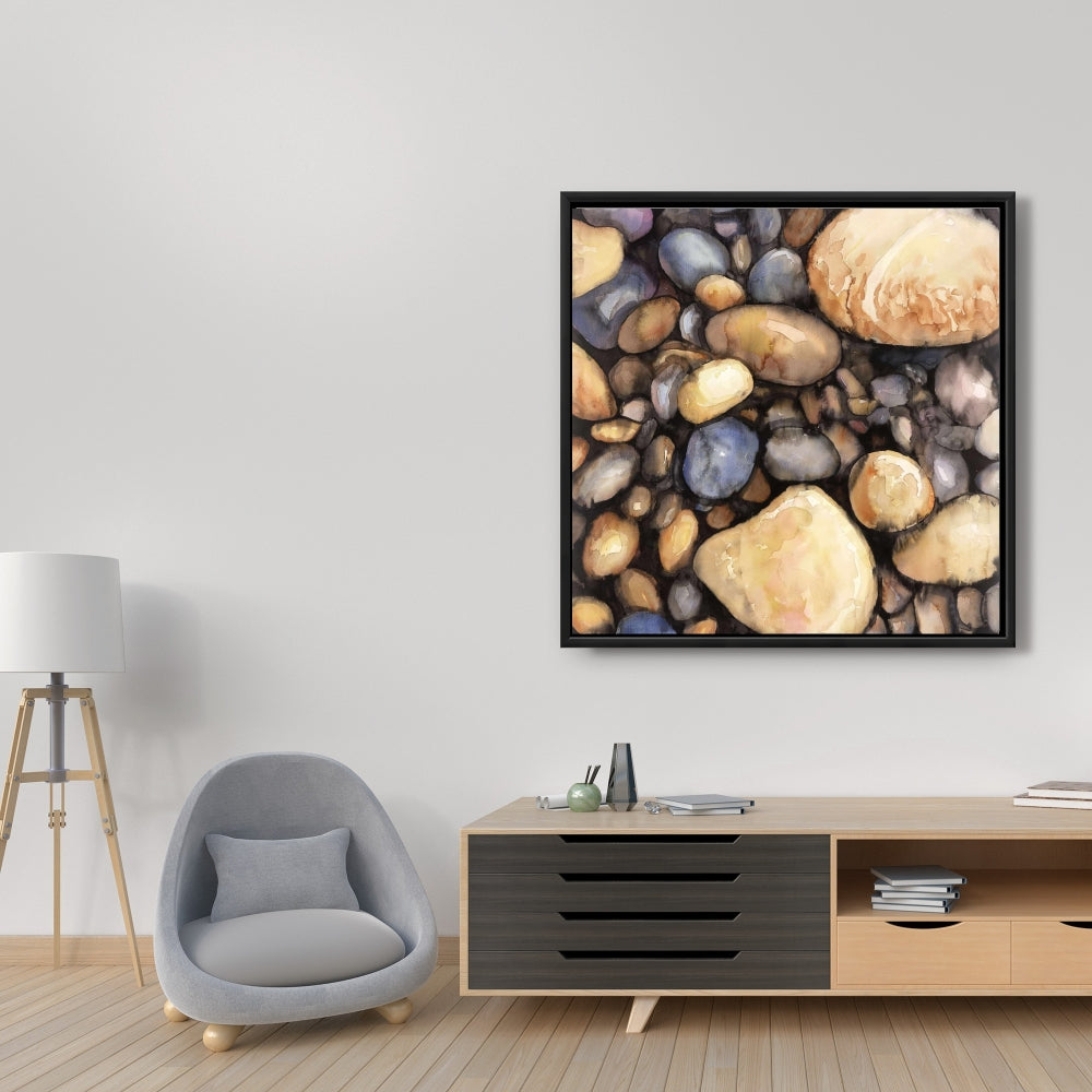 Marine Bathroom Decor | Blue Framed Canvas Small Pebbles