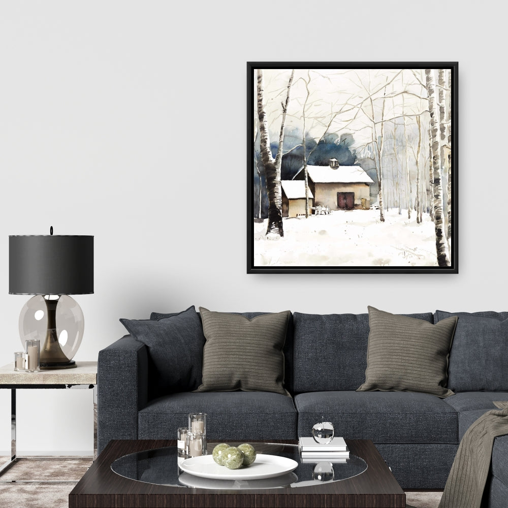 Rustic Bedroom Canvas - Small Winter Barn Trees Framed Decor