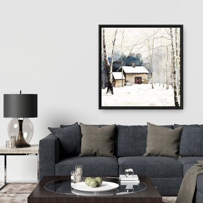 Rustic Bedroom Canvas - Small Winter Barn Trees Framed Decor
