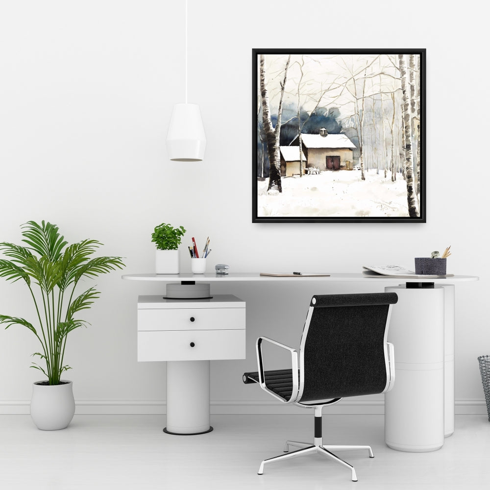 Rustic Bedroom Canvas - Small Winter Barn Trees Framed Decor