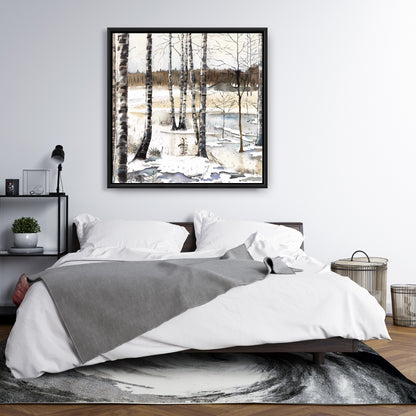 Toile rustique bleue « Marais d'hiver » | Décoration murale encadrée avec arbres