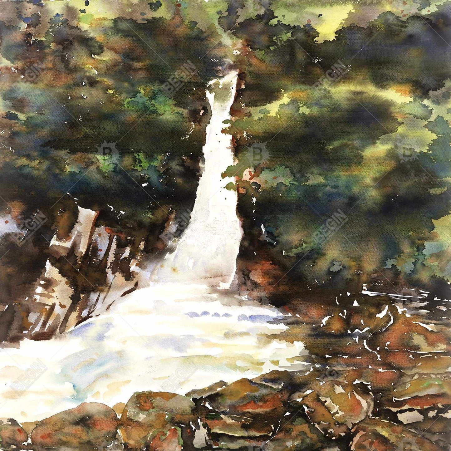 Watercolor Waterfalls Canvas - Illustrative Trees Home Decor
