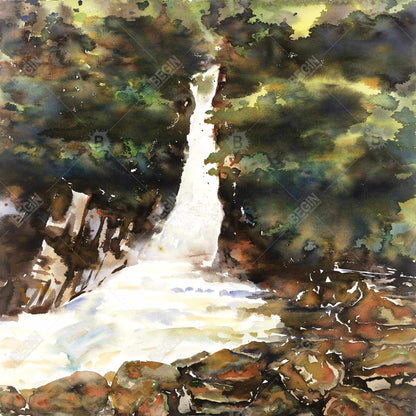 Watercolor Waterfalls Canvas - Illustrative Trees Home Decor