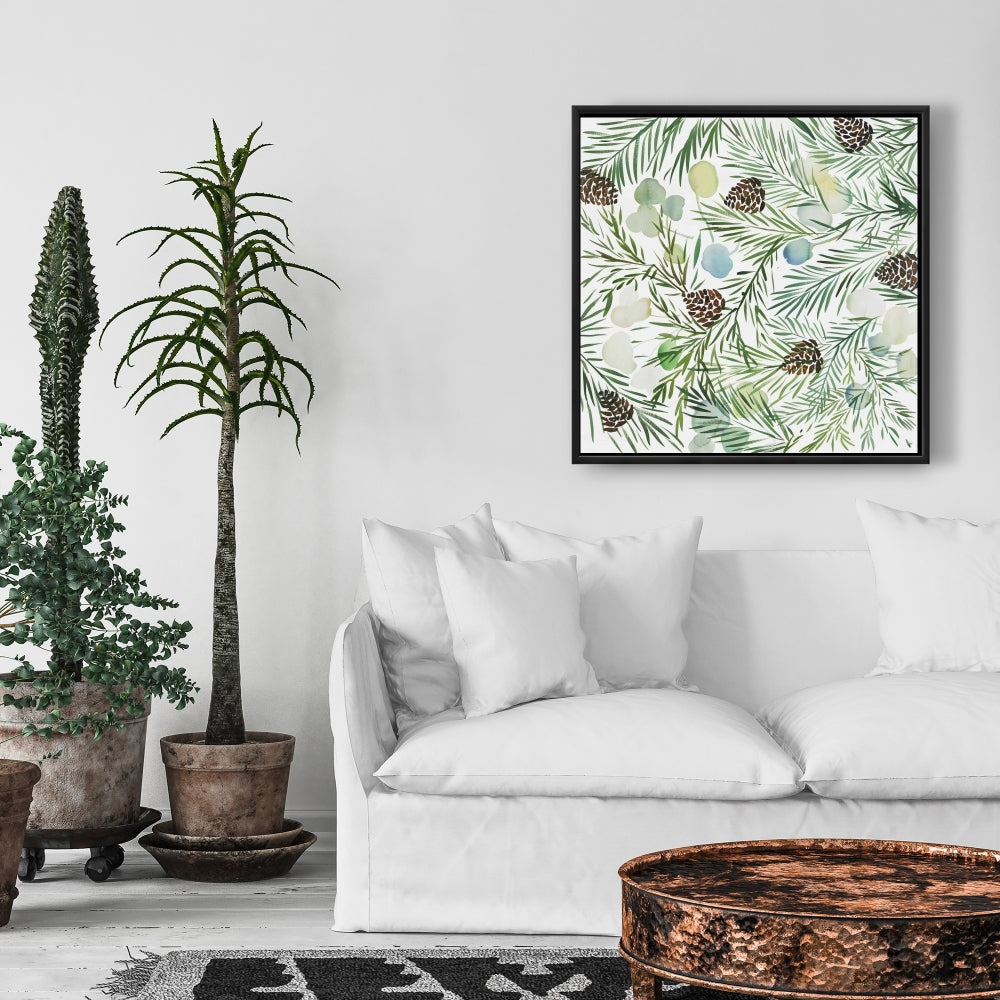 Toile botanique avec pomme de pin | Cadre blanc minimaliste