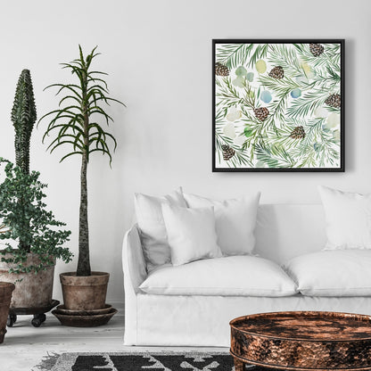 Toile botanique avec pomme de pin | Cadre blanc minimaliste