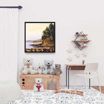 Toile encadrée verte représentant un lac paisible et des arbres | Décoration d'intérieur