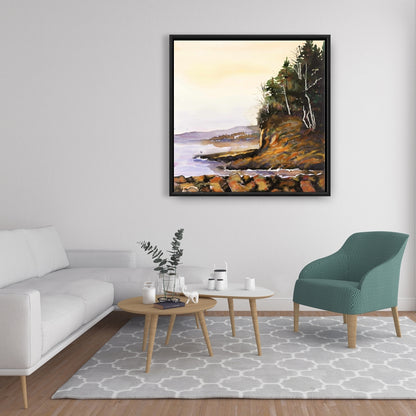 Toile encadrée verte représentant un lac paisible et des arbres | Décoration d'intérieur