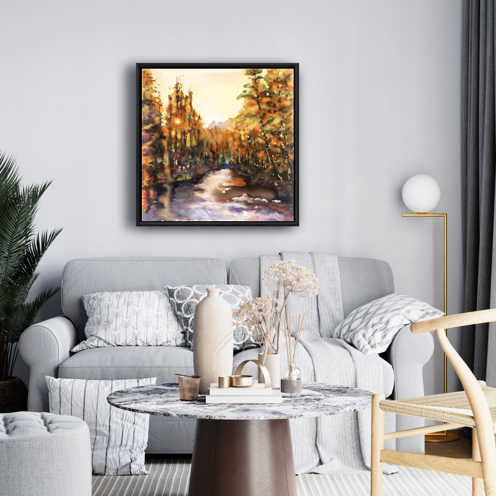 Toile encadrée Merced River | Décoration de chambre à coucher avec arbres jaunes