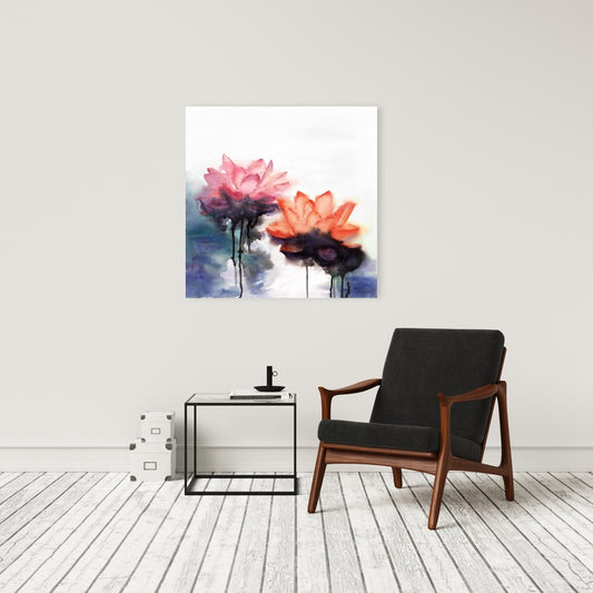 Watercolor Lotus Flowers Canvas | Blue Botanical Bedroom Decor