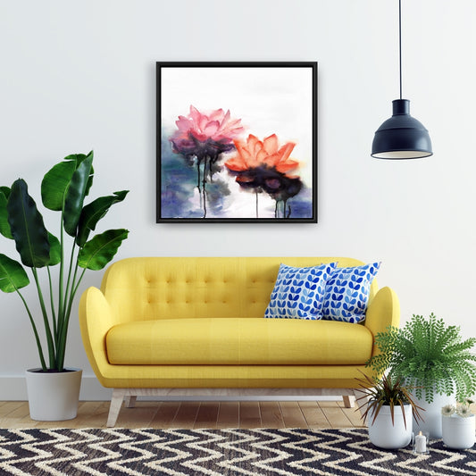 Watercolor Lotus Flowers Framed Canvas | Botanical Bedroom Decor