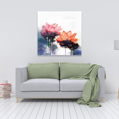 Watercolor Lotus Flowers Canvas | Blue Botanical Bedroom Decor