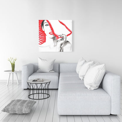 Toile illustrative blanche – Femme au grand chapeau | Décoration d'intérieur