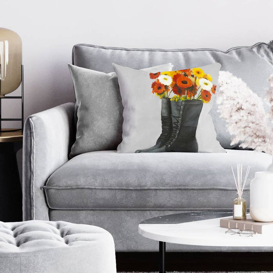 Rustic Floral Pillow - Boots Full of Flowers, Botanical Decor