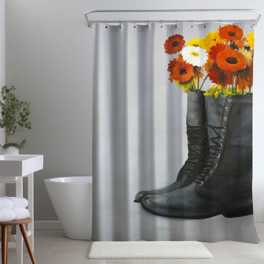 Gray Floral Shower Curtain | Boots Full of Flowers Decor