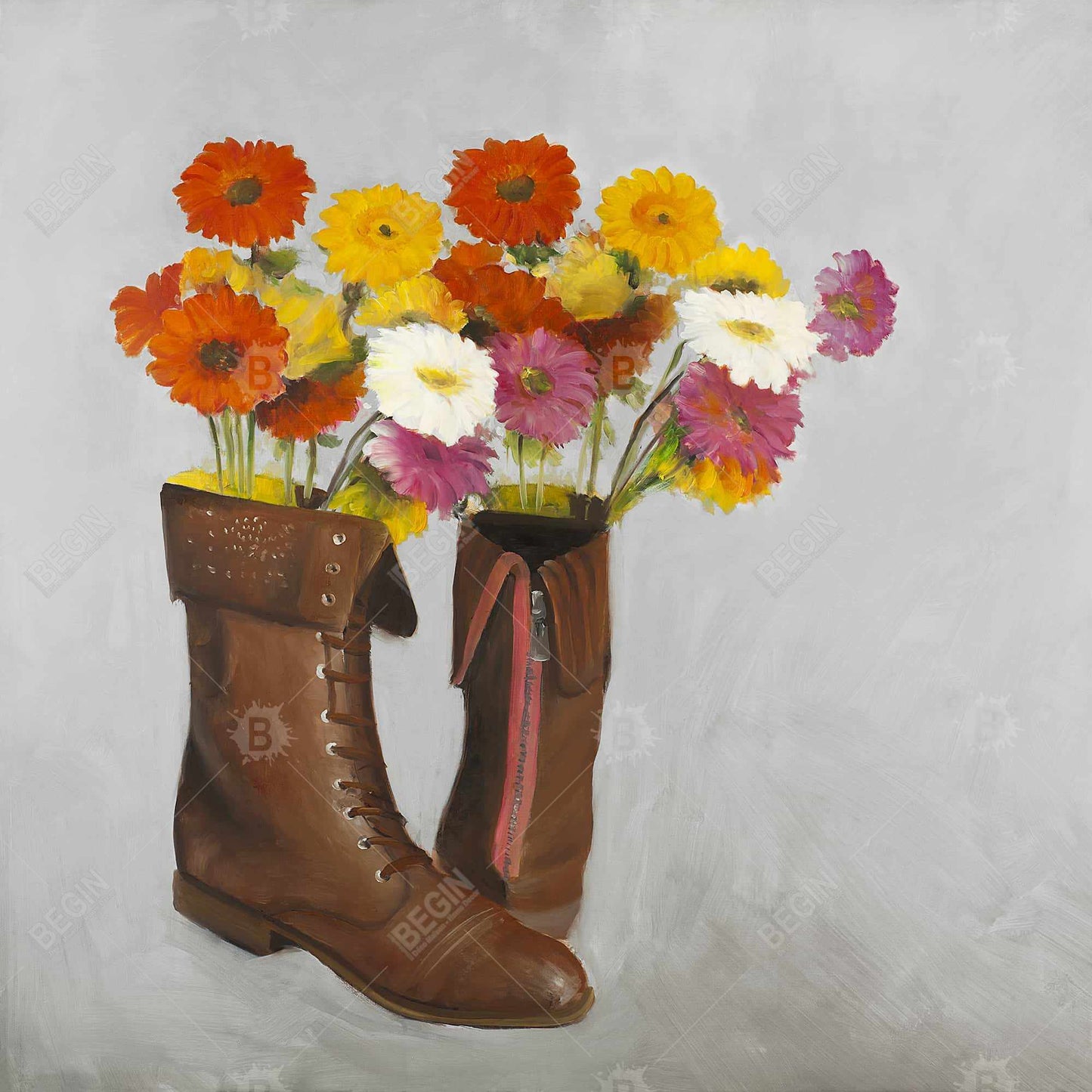 Chaussures rustiques marron en toile - Bottes avec marguerites - Décoration d'intérieur
