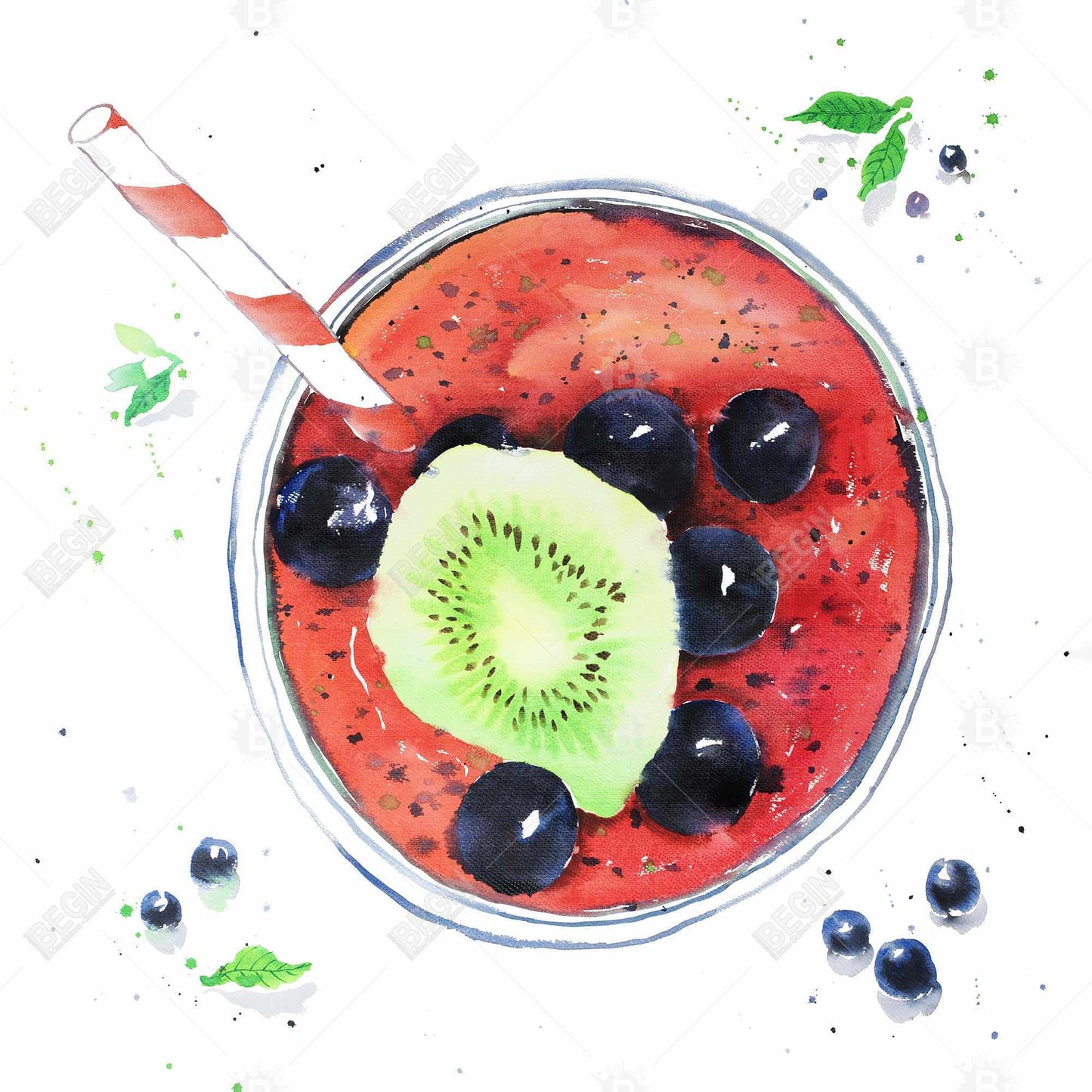 Berry Smoothies Canvas | Leaves Illustrative Home Decor Art