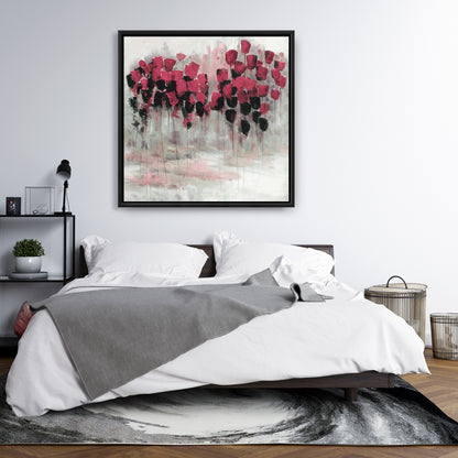 Pink Black Flowers Field Canvas | White Bedroom Wall Art