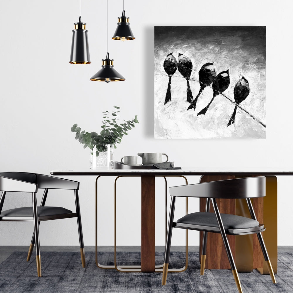 Five Birds Perched Canvas | White Monochrome Bedroom Decor