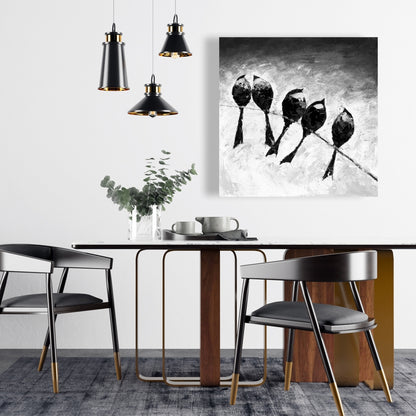 Five Birds Perched Canvas | White Monochrome Bedroom Decor