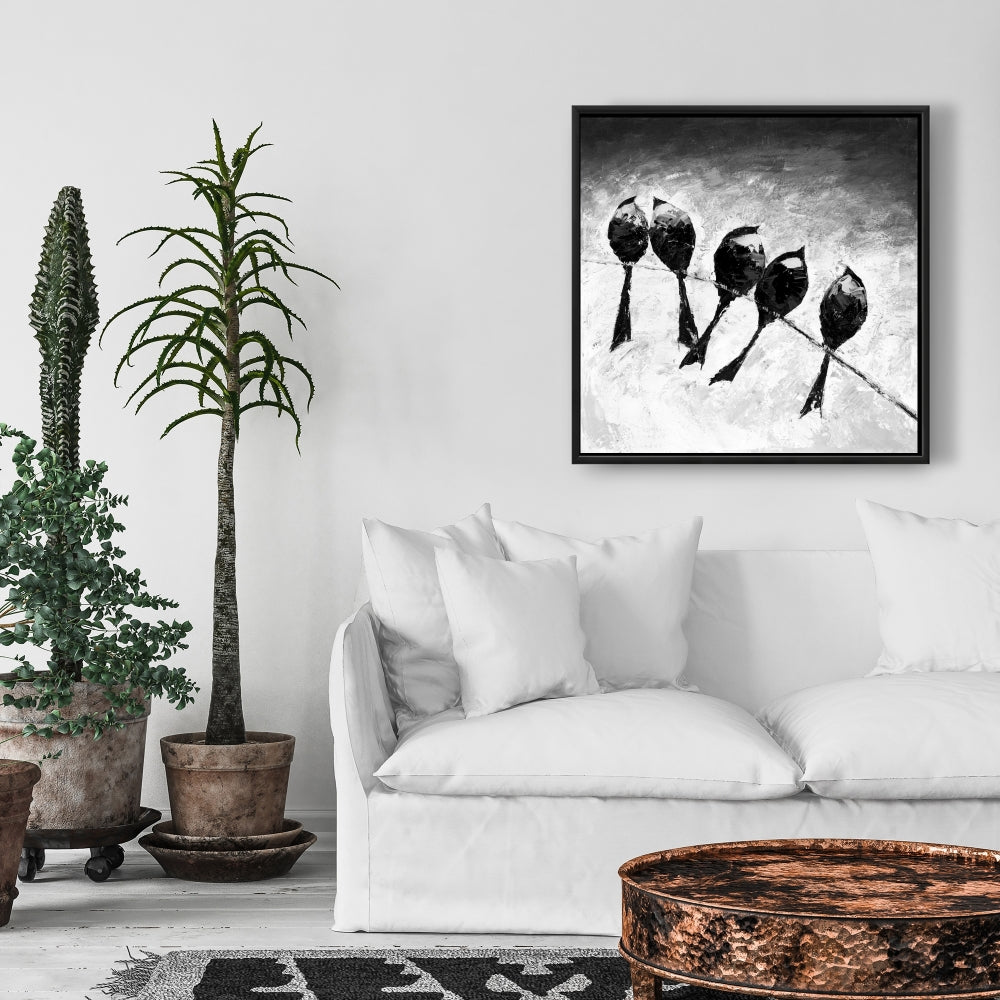Toile monochrome « Cinq oiseaux perchés » – Décoration d'intérieur encadrée