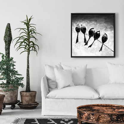 Toile monochrome « Cinq oiseaux perchés » – Décoration d'intérieur encadrée
